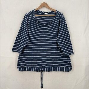 J Jill Shirt Womens 2X Blue White Stripe Linen Cotton Drawstring Hem 3/4 Sleeve